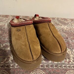UGG Brown Suede Slippers with Red Trim